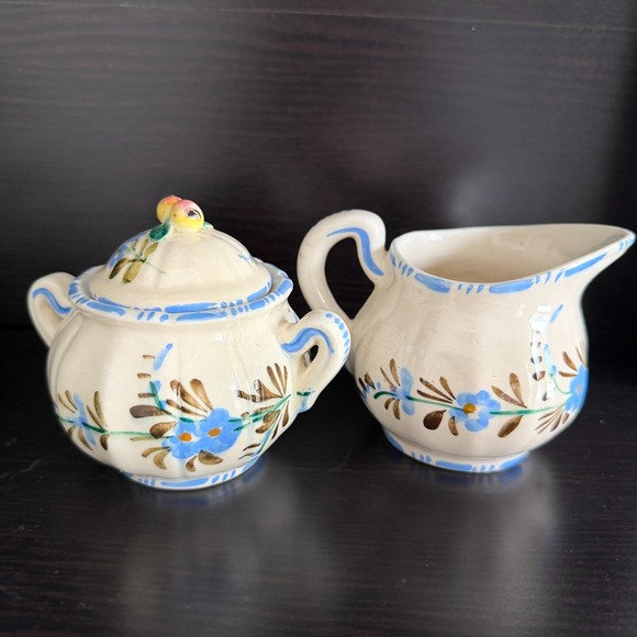Floral Cream and Sugar Set Painted Made in Italy Cream Blue Pink Collectible - Picture 2 of 9